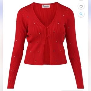 Red Ridded Sweater with Rhinestone Embellishments New size medium